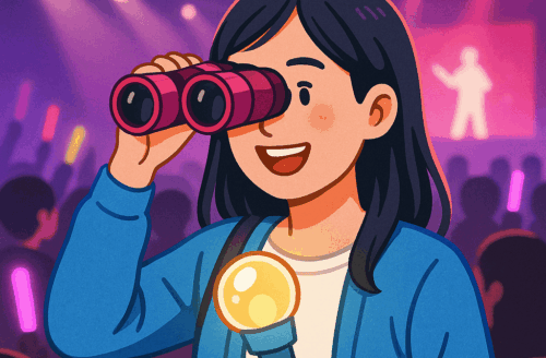 ライブ会場で推しを追うファンが双眼鏡を構えるイラスト。オタク筋が使われている姿を表現。